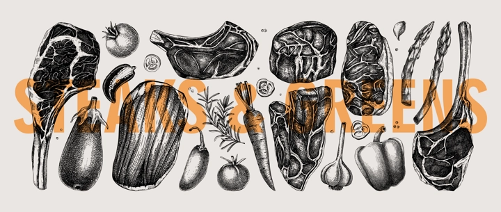 Healthy food sketches set. Vintage style meat and vegetable vector icons. Raw steaks drawings. Hand drawn food illustrations. NOT AI generated